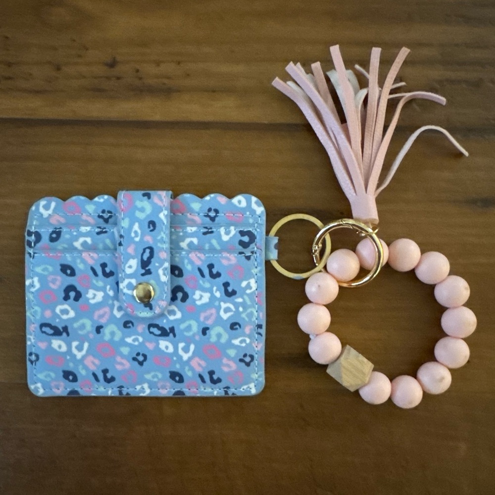 Colorful Leopard Print Card Holder with Pink Beaded Keychain